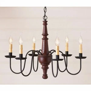 Harrison 6-Arm Plantation Red Wood Primitive Country Colonial Chandelier Light - Picture 1 of 4