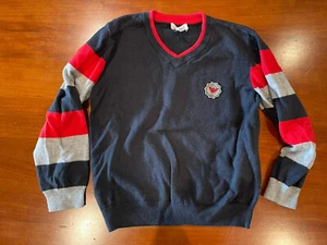 Auth Armani Junior Boys Black Stripes Cotton & Wool V Neck Logo Sweater Size 6A - Picture 1 of 4