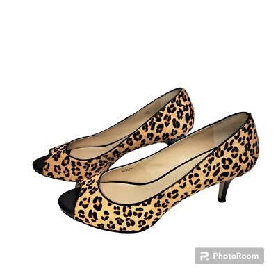 Tacones de tacón de aguja Ellen Tracy de cuero con estampado de leopardo punta abierta para mujer talla 10M Foto 1 de 4