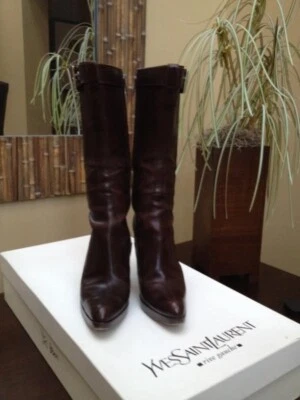 BOTAS YSL YVES SAINT LAURENT MEDIA PANTORRILLA BORGOÑA MARRÓN OSCURO Talla 35.5 Foto 1 de 4