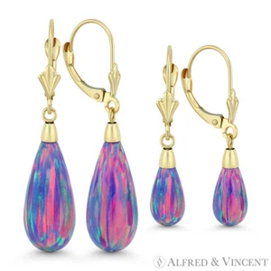 Lavender Lab-Created Opal 14k Yellow Gold Leverback Tear-Drop Dangling Earrings - Picture 1 of 3