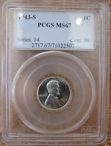 1943 S Small Cent Lincoln penny 1c Wheat Ears Reverse PCGS MS-67 STEEL - Picture 1 of 5