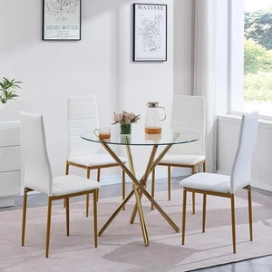 Round Glass Dining Table Set with 4 Chairs | Gold Legs | Compact & Stylish - Picture 1 of 12
