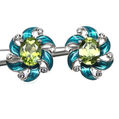 925 Silver Handmade 6 x 8 mm. Green Peridot & White Zircon Earrings - Image 1 of 4