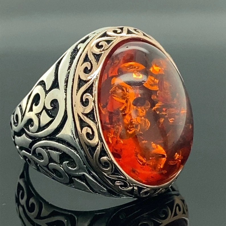 925 Mens Handmade Natural Orange Amber Stone Ring - Image 1 of 4