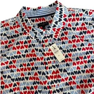 Talbots NWT Petite Red Blue White Hearts Print Button Down Shirt Top Size Large - Picture 1 of 9