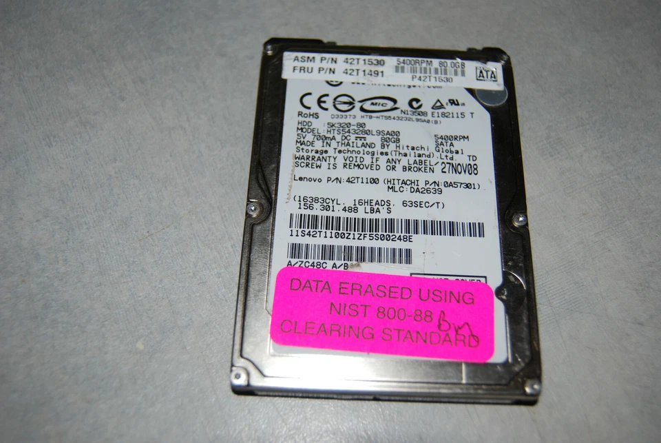 Lenovo / Hitachi HTS543280L9SA00 80Gb laptop SATA hard drive 5K320-80 42T1491 - Image 1 of 1
