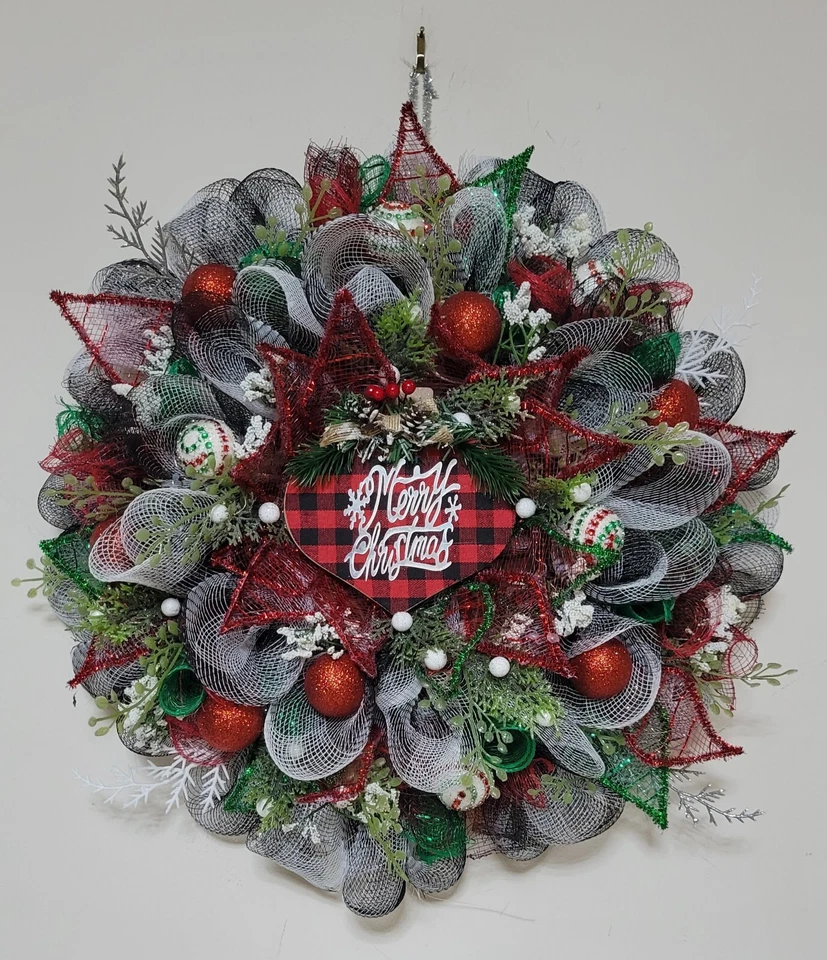 Feliz Navidad Malla Puerta Delantera Guirnalda Decoración Pared Rojo Verde Blanco Negro Foto 1 de 1