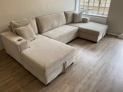 Lancaster U-Shape/Cinema Sofa Bed with cup holders in Chenille Natural