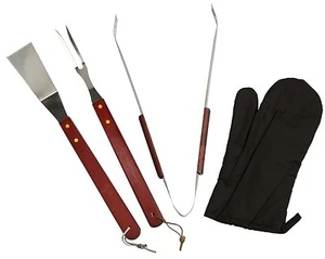 7pc Stainless Steel BBQ Barbeque Camping Cooking Apron Utensil Wooden Tool Set - Picture 1 of 3