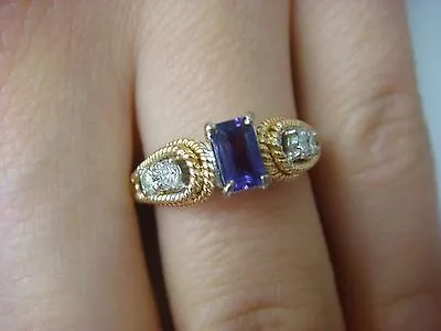 14K TWO TONE GOLD GENUINE AMETHYST AND DIAMONDS LADIES RING 4 GRAMS, SIZE 6.75 - Image 1 of 4