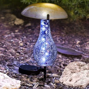Solar LED Yellow Glass Mushroom Garden Stake Lighted Outdoor Pathway Yard Decor - Picture 1 of 6