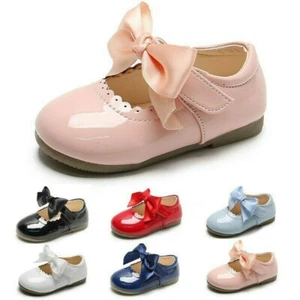 SPANISH BOW SHOES BABY GIRLS MARY JANE SHINY WEDDING PARTY PATENT FLAT SHOES - Picture 1 of 33