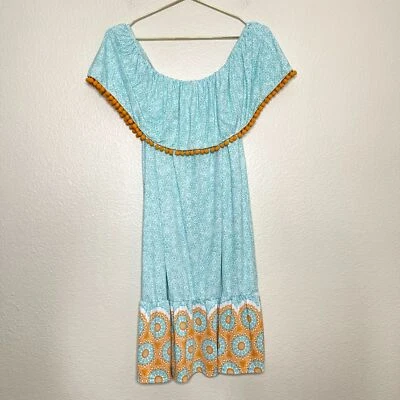 Cabana Life Dress Large Off Shoulder Tassel Pom Pom Resort Beach Cover Up Teal - Image 1 of 4