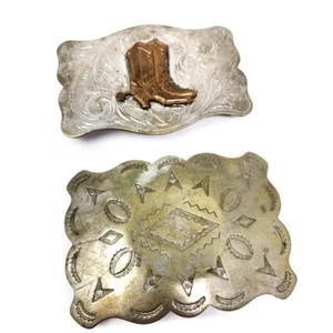 2 Pcs Vintage, Old Silver Belt Buckle Set w/ Cowboy Boots and Ornaments - Picture 1 of 5