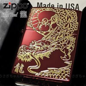 Zippo Oil Lighter Red Dragon Ryu Ion Coated Gold Plate Brass Etching Japan New