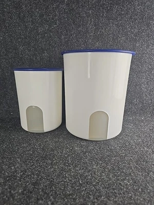 Tupperware One Touch Canisters Set Of Two White With Blue Lids A & C - Image 1 of 4