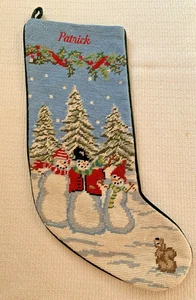 Land's End Needlepoint Christmas Stocking Patrick Blue Green Velvet Snowmen Wool - Picture 1 of 12