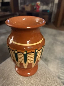 Bulgarian Redware Pottery Vase 4 1/2” Tall Drip Glaze - Picture 1 of 4