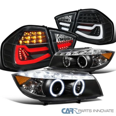 Fits 2006-2008 BMW E90 3-Series Black Projector Headlights LED Tail Brake Lights - Imagem 1 de 4
