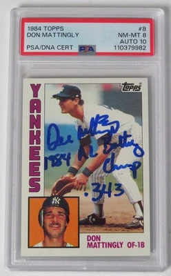 Tarjeta de novato Topps 1984 firmada por Don Mattingly Yankees 8 con debut en MLB PSA 10 automática Foto 1 de 4