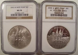 LOT OF 2 2002-W WEST POINT SILVER $1 NGC PF 70UCAM & MS 70 GEMS LQQK - Picture 1 of 2