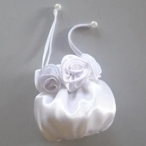 Borsetta da Sposa Borsa Sposa Pompon Rose Borsa Raso Bianco Puro Bianco - Foto 1 di 8