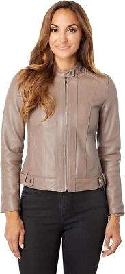 Nueva Chaqueta de Moto Cole Haan Taupe Piel de Cordero Acolchada con Cremallera Mujer L DEFECTOS Foto 1 de 4