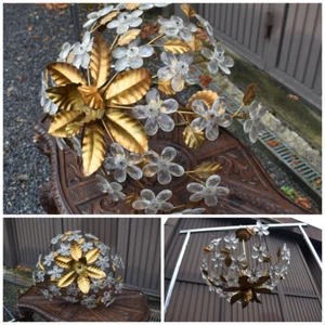 Vintage 70s metal golt gilt daisy glass flower chandelier lamp attr maison bague - Picture 1 of 10