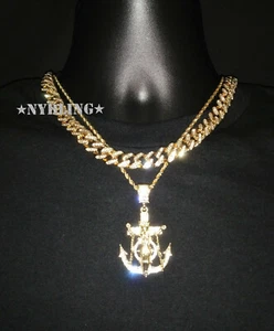  Miami Cuban Chain CZ Necklace, Rope Chain, Jesus Anchor Pendant Plated, 3PC Set - Picture 1 of 13