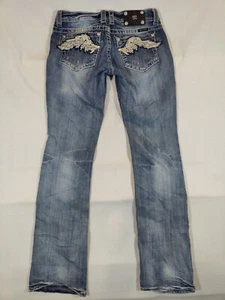 Miss Me Jeans Women 30 Bootcut Embellished Pockets Lowrise Distressed Denim Blue - Picture 1 of 11