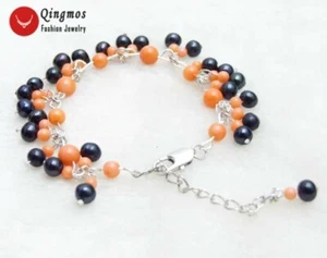 5-6mm Round Natural Black Pearl Bracelet for Women & Pink Coral Bracelet 7-9'' - Picture 1 of 5