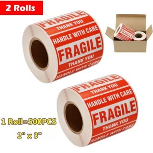 2 Rolls 500/Roll 2x3 Fragile Stickers Handle with Care Shipping Warning Label US - Picture 1 of 6