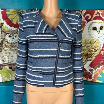 Chaqueta de Moto BCBGMAXAZRIA Para Mujer XXS Rayas Azul Blanco Tweed Tejida Recortada Foto 1 de 4