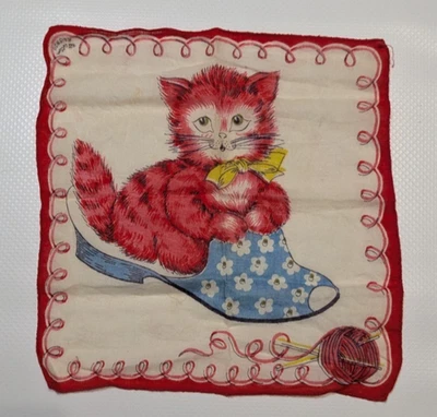 Antigo Lenço de Algodão Vermelho Fino Meio Século Gatinho/Sapato e Fio 8,5" Quadrado - Imagem 1 de 4