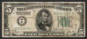 1928-A $5 Numerical "7" FRN Redeemable in Gold Fr 1951G Chicago IL District - Picture 1 of 2