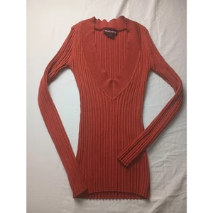 Camicetta top arancione Y2K vintage a costine elasticizzata scollo a V profondo con gancio media  - Foto 1 di 4