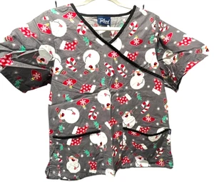 NEW! Snowman Stockings Holly Candy Canes Ornaments Christmas Scrub Top X Large - Picture 1 of 3