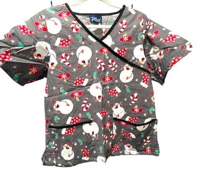 NEW! Snowman Stockings Holly Candy Canes Ornaments Christmas Scrub Top X Large - Image 1 of 3