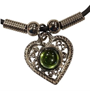 Grün Acryl Cabachon Herz Halskette Silber Ton Schwarz Wachskordel Schmuck 16"L - Bild 1 von 5