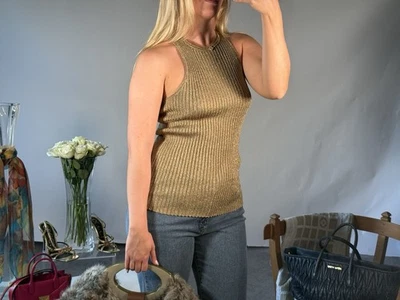 STELLA MCCARTNEY Gold Vest Top It 40 Uk 8 Cut Away Back Stretch Glitter Knit - Image 1 of 4