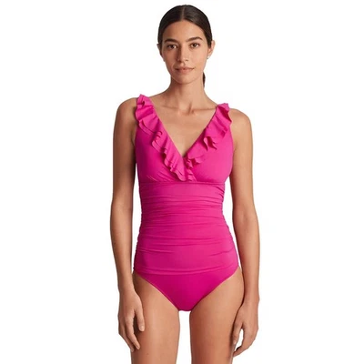 Lauren Ralph Lauren Women's 8 Pink Beach Club Ruffle One Piece Swimsuit A15-2 - Image 1 of 4