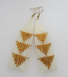 Seed Bead Fringe Earrings Handmade Tassel Native American Style Boho Geometric - Picture 1 of 15