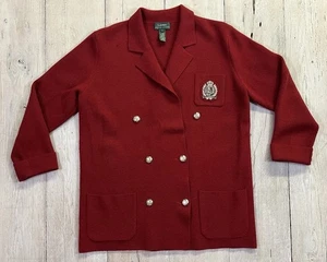 Vtg Ralph Lauren Womens Wool Cardigan Sweater Blazer Red Crest Pockets Size L - Picture 1 of 12