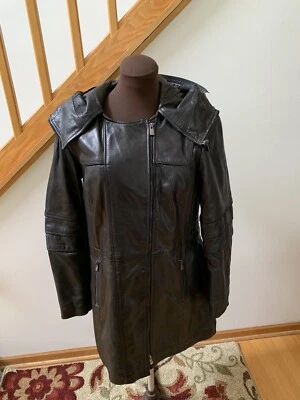 NEW Bod & Christenen Size M 10 12 Heavy Black Hooded Leather Trench 3/4 Coat  - Image 1 of 4