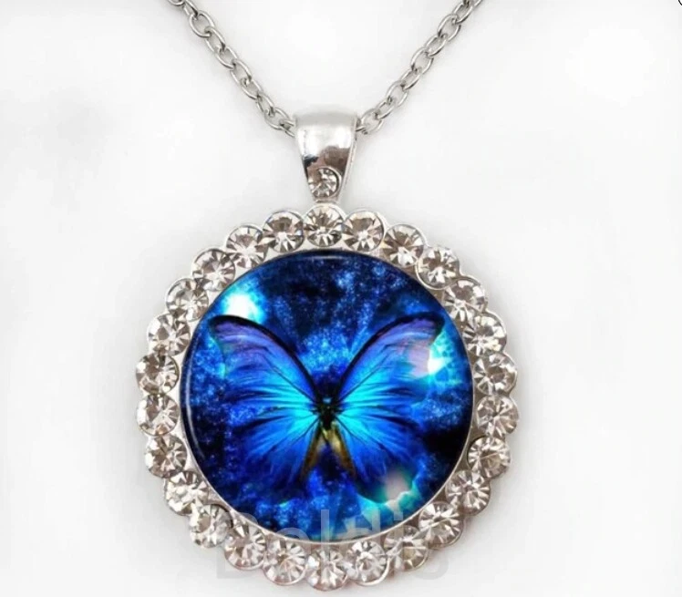 Damen Halskette Anhänger Strass Silber Blau Schmetterling Cabochon Geschenk - Bild 1 von 1