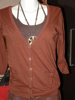 Springfield Damen Jacke Cardigan Weste Baumwolle Krempel Arm Gr. S braun Ton - Bild 1 von 4