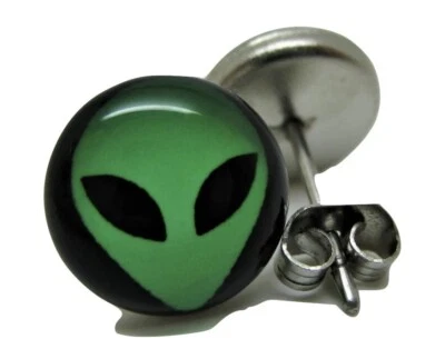 Green Alien Ear Studs, Earrings Surgical Steel Posts, Halloween - Image 1 of 4