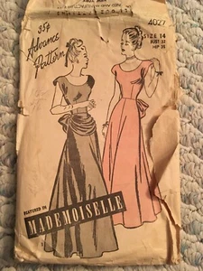 Vintage 1945 Advance 4027 Mademoiselle Bridal/Eve Gown Draped Bow Punch Hole PT - Picture 1 of 6