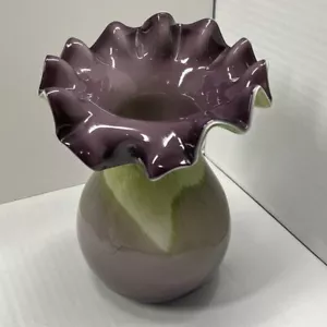 Schöne handgefertigte Vase mit gerüschter Kante geblasenes Kunstglas für Blumen oder Dekoration - Bild 1 von 10